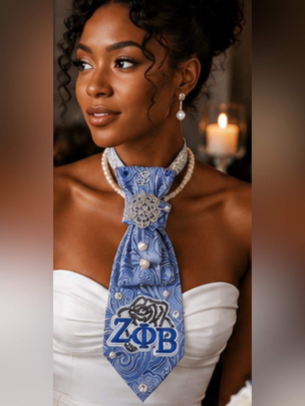 Blue Paisley Pearl Embellished Statement Tie Necklace